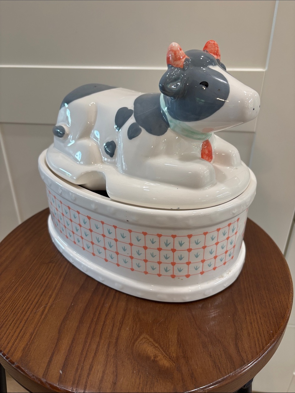 Ceramic Cow Covered Dish - White, Gray & Coral